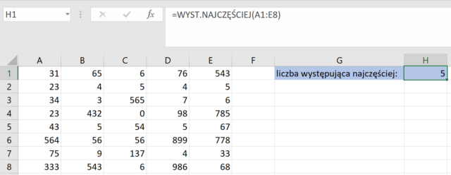 Funkcja WYST_NAJCZĘŚCIEJ Excel